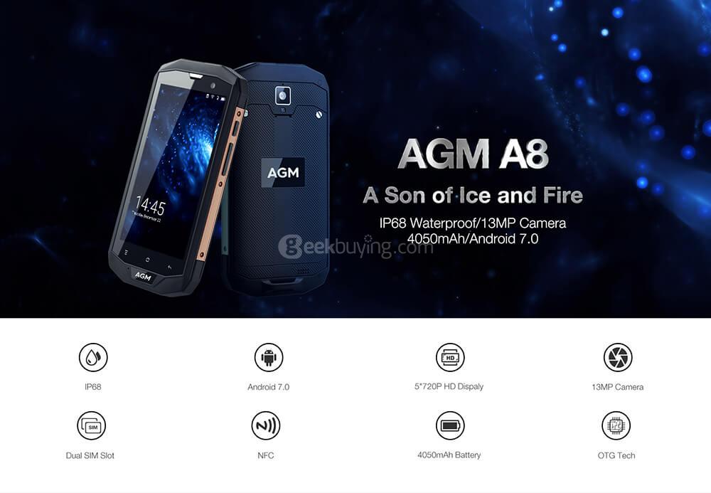 [HK Stock][US Version]AGM A8 5.0 Inch 4G LTE Smartphone IP68 Waterproof 3GB 32GB Qualcomm MSM8916 13.0MP Cam Android 7.0 OTG NFC 4050mAh - Gold
