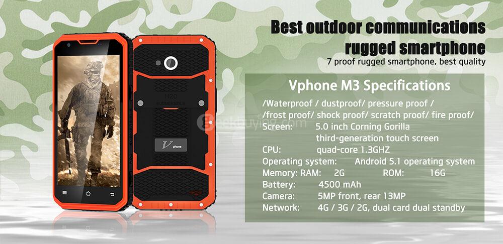 Vphone M3 5.0 Inch Smartphone IP68 Waterproof 2GB RAM 16GB ROM MTK6735 13.0MP Cam Android 5.1 4500mAh GPS - Orange