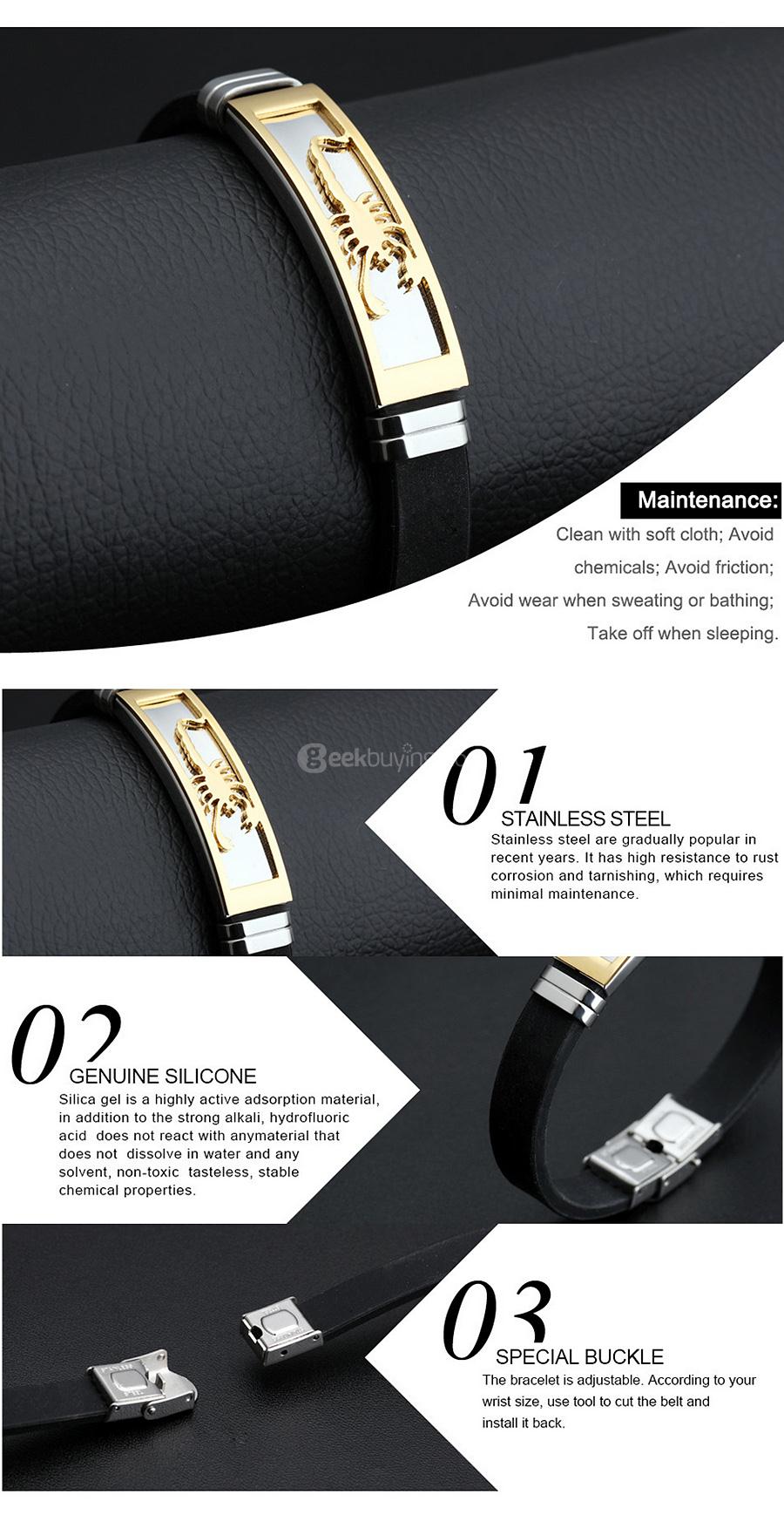 OPK PH1085 Silicone Man Bracelets Fashion Stainless Steel Scorpion Design Length Adjustable Men Jewelry Bangles -Silver