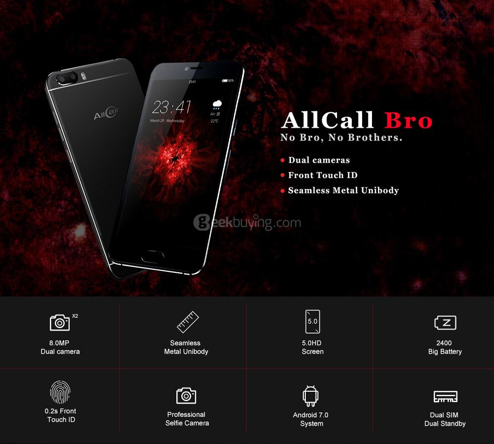 AllCall Bro 5.0 Inch Smartphone 16GB MTK6580A 8.0MP Cam Android 7.0 Dual Rear Camera Metal Body OTG Touch ID - Black