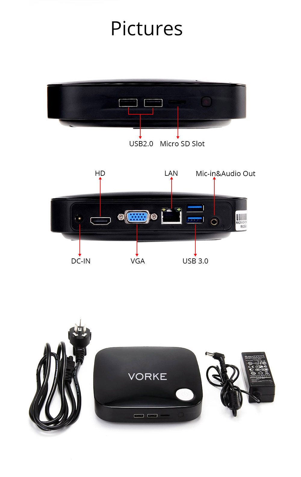 [Pack G] VORKE V1 Intel Braswell Celeron J3160 4G RAM 64G SSD Windows MINI PC with Mount Rack for Display