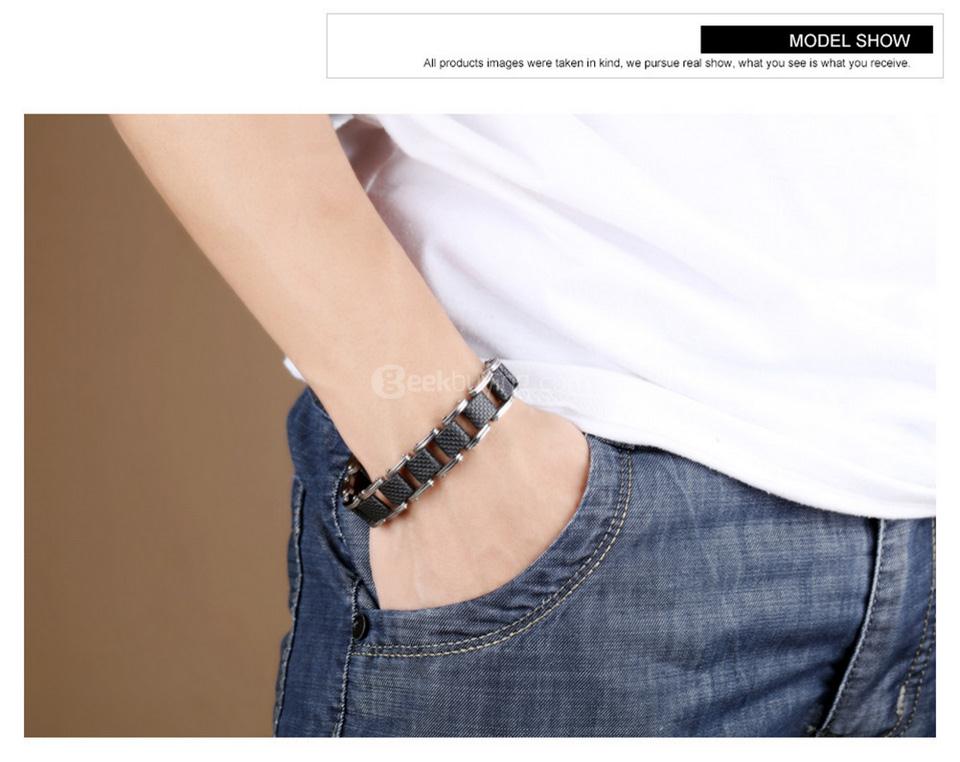 OPK Square Genuine Sillcone Mens Bracelet Stainless Steel Motorcycle Biker Chain Design Casual Style Double Safety Clasp
