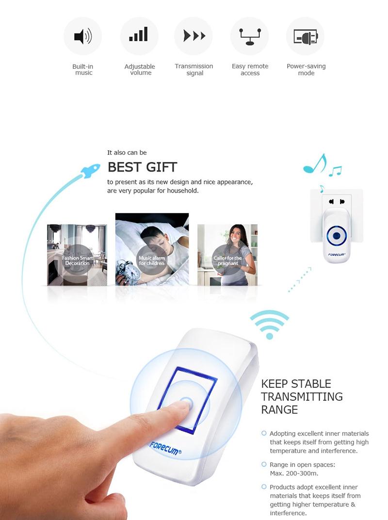 Forecum 8 Doorbell 36 Songs Waterresistant Wireless Remote Control with One Receiver Doorbell 300M