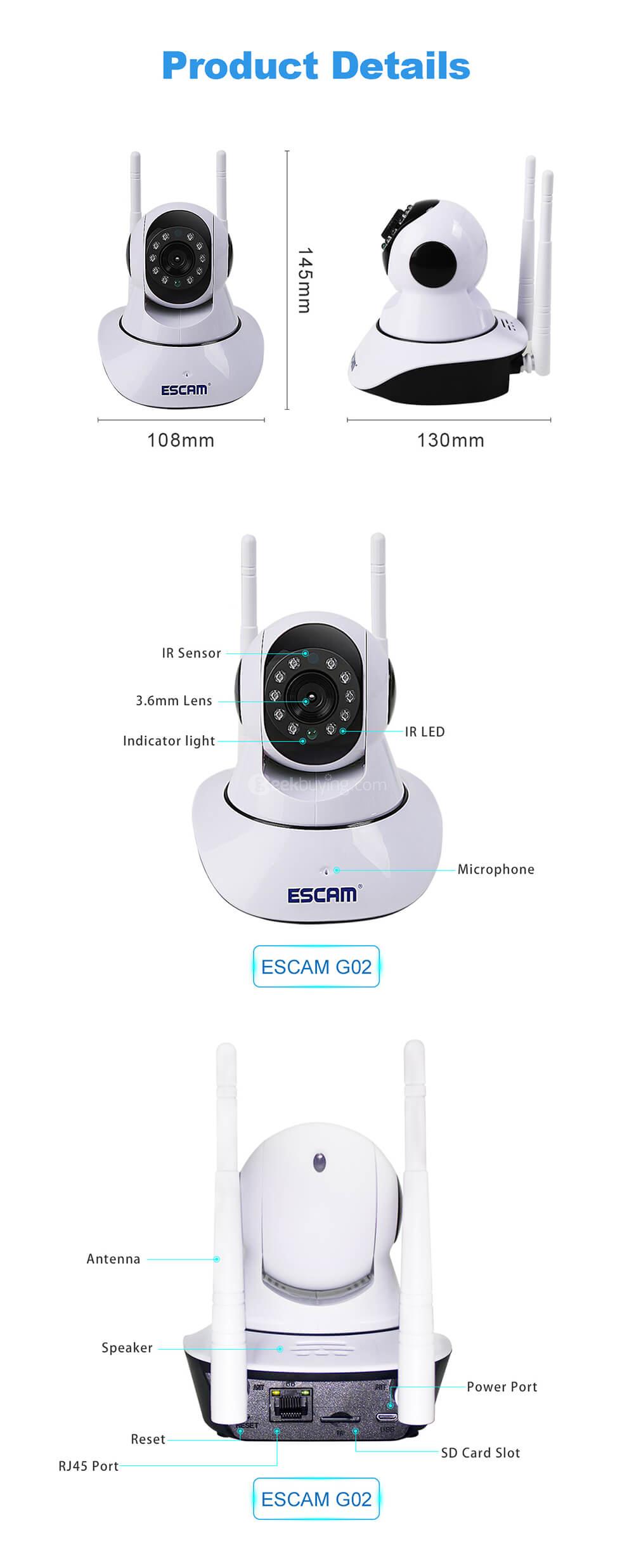 ESCAM G02 Dual Antenna 720P Pan/Tilt WiFi IP IR Camera Support ONVIF Max Up to 128GB Video Monitor