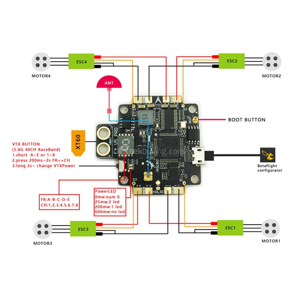 HGLRC F4 V5PRO Flight Controller AIO Board with 0/25/200/600mW Switchable Transmitter 5V BEC OSD PDB - RP-SMA Female Version