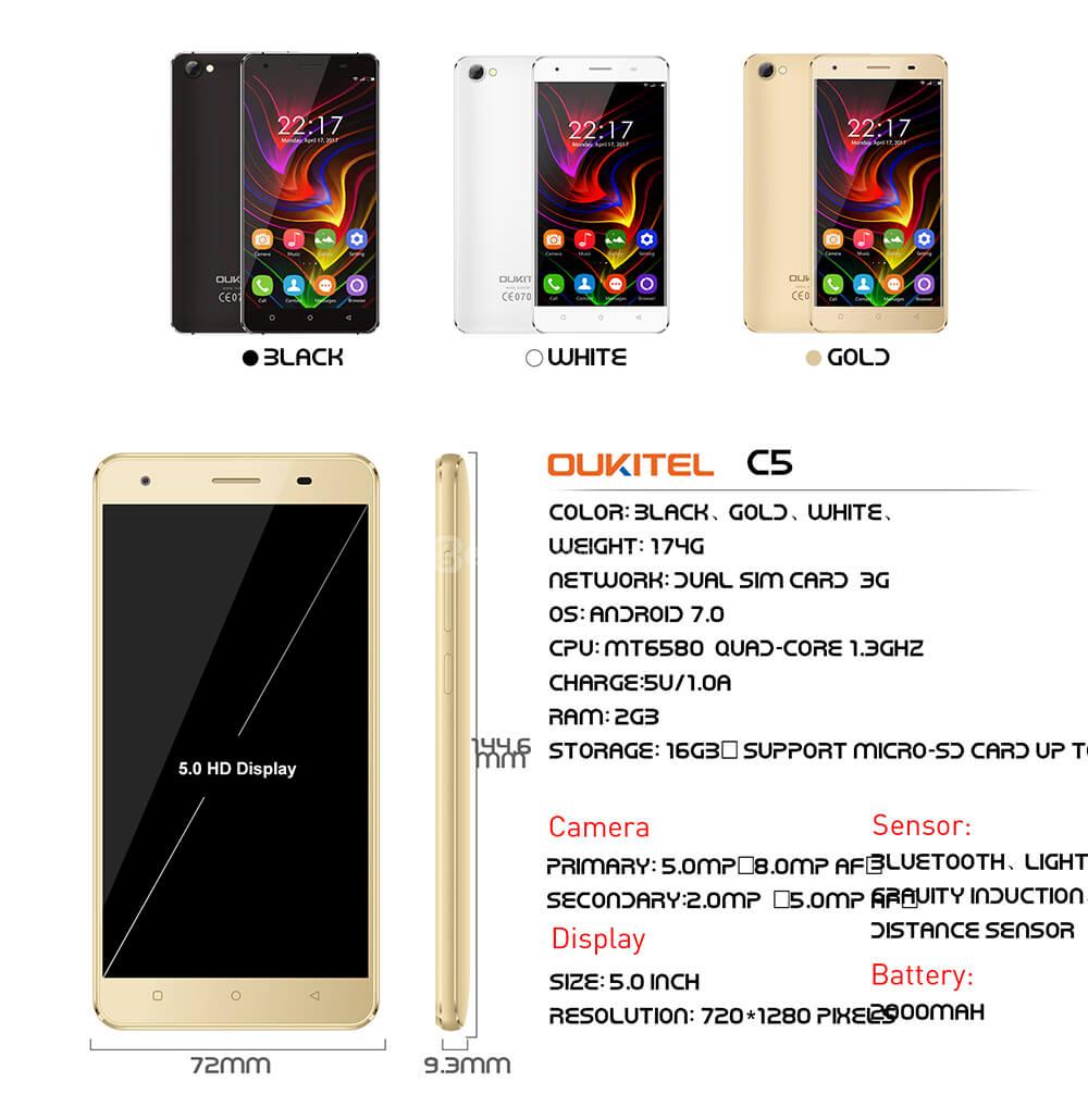 [HK Stock]Oukitel C5 5.0 Inch Smartphone HD Screen 2GB RAM 16GB ROM MTK6580 Quad Core 5.0MP Cam Android 7.0 OTA - Black