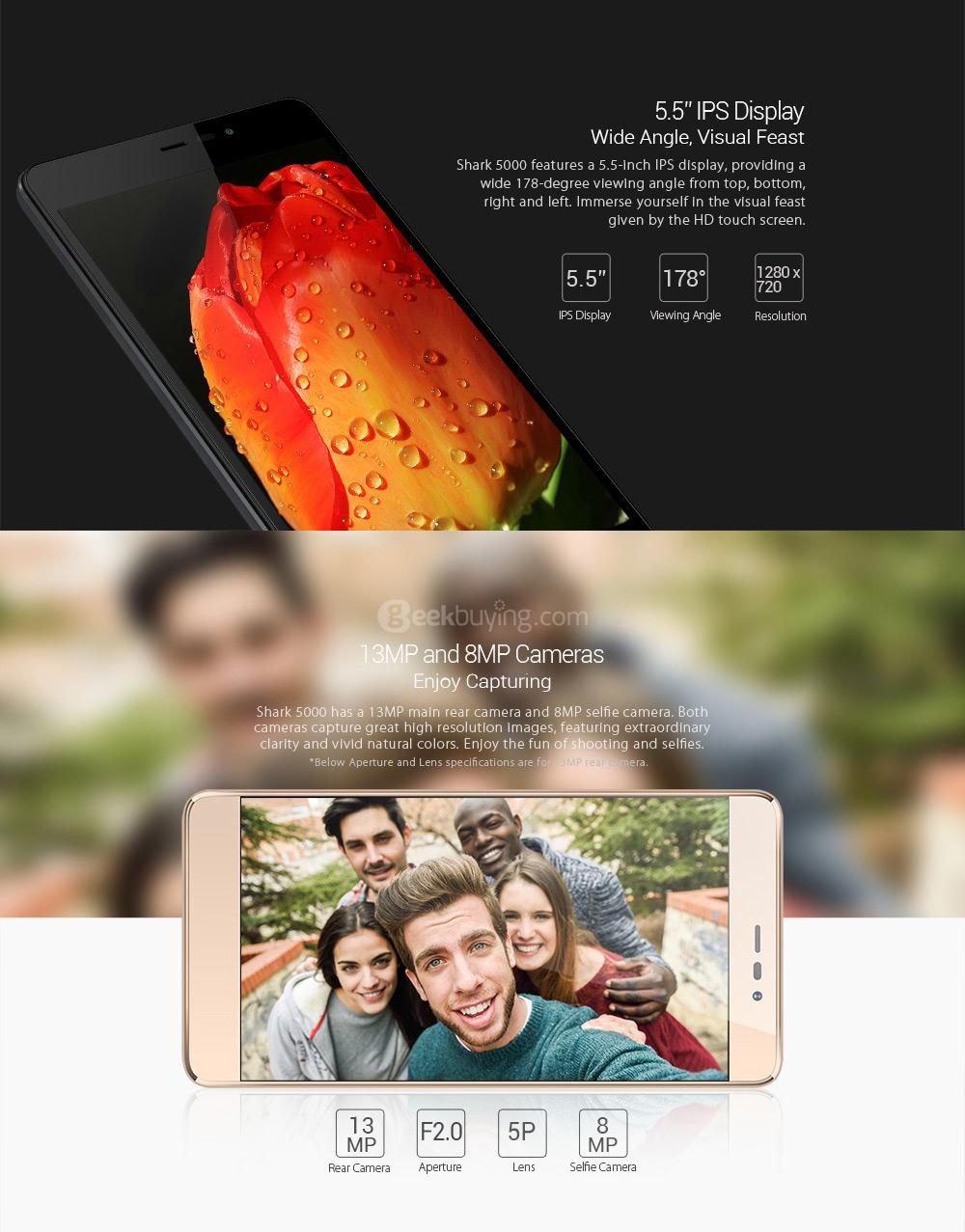 [HK Stock]LEAGOO Shark 5000 5.5 Inch HD Screen 8GB ROM 13.0MP Cam MT6580 Quad Core Android 6.0 Smartphone 5000mAh Big Battery Slim Metal body Quick Charge - Gold