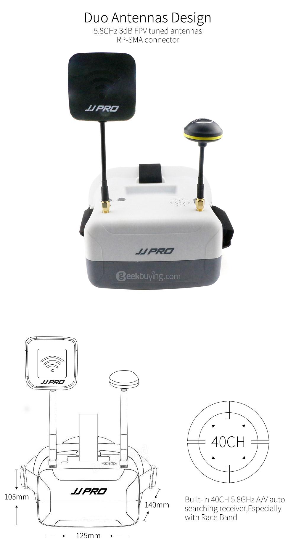 JJRC JJPRO F02 5.8G 40CH Raceband FPV Goggles 4.3 Inch Video Headset with Dual Antennas