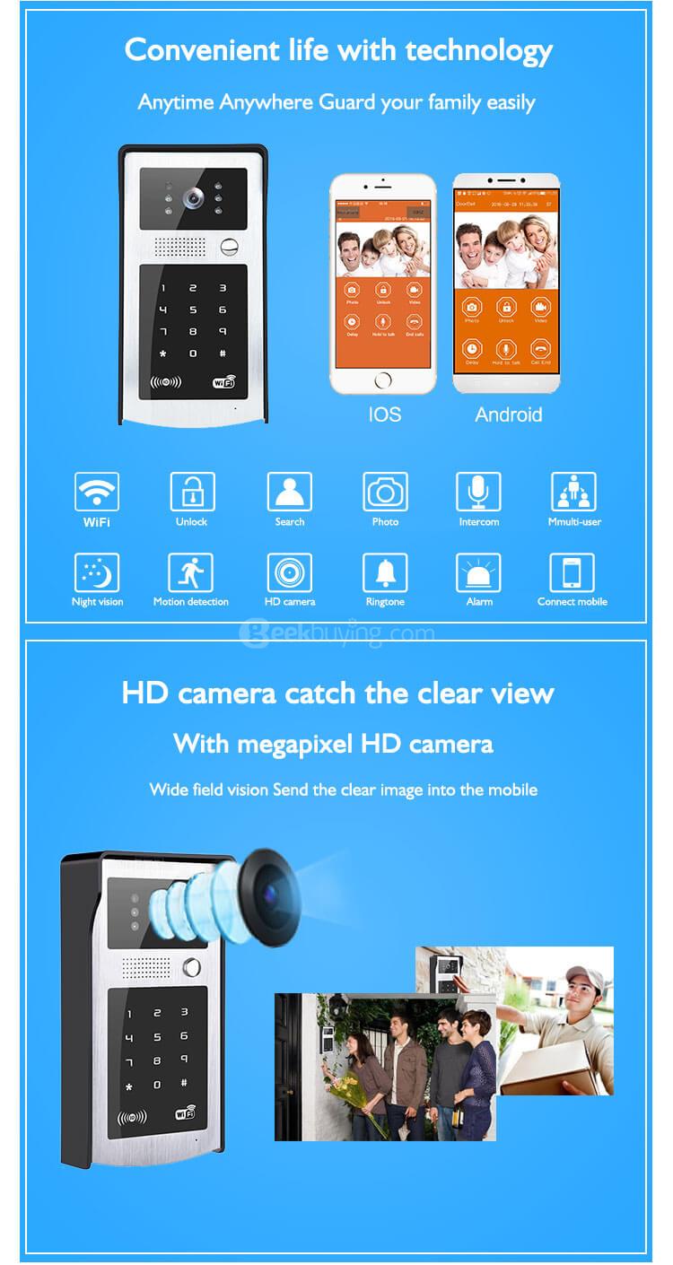 Smart Video Door Phone Intercom 720P Wifi Doorbell with RFID for  IOS / Android