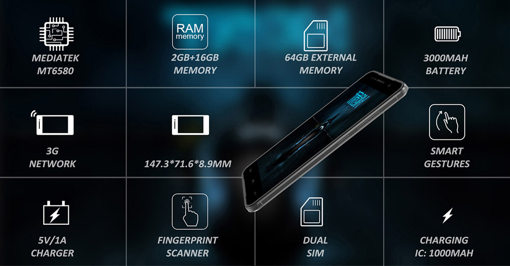 [HK Stock]HOMTOM HT37 5.0 Inch HD 2.5D Screen 2GB RAM 16GB ROM 13.0MP Cam MT6580 Quad Core 1.3GHz Android 6.0 Smartphone Touch ID 3000mAh - Silver