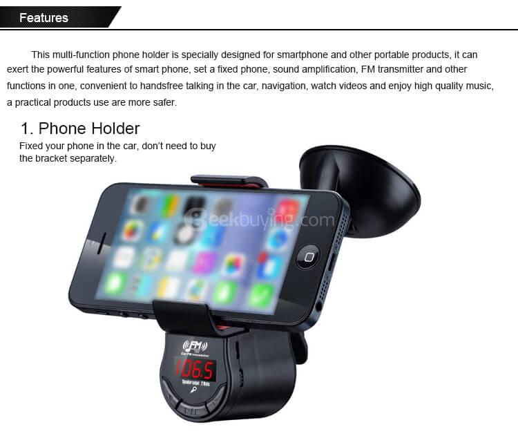 FM09 Car Handsfree FM Transmitter 360 Degree Rotation Phone Holder - Black