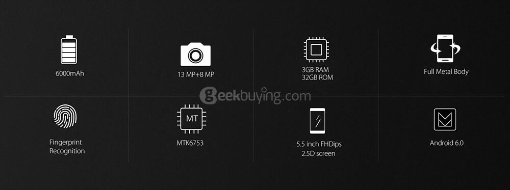 [HK Stock]Blackview P2 Lite 5.5 Inch 4G LTE Smartphone FHD Screen 3GB 32GB MTK6753 13.0MP Cam Android 7.0 6000mAh - Gold