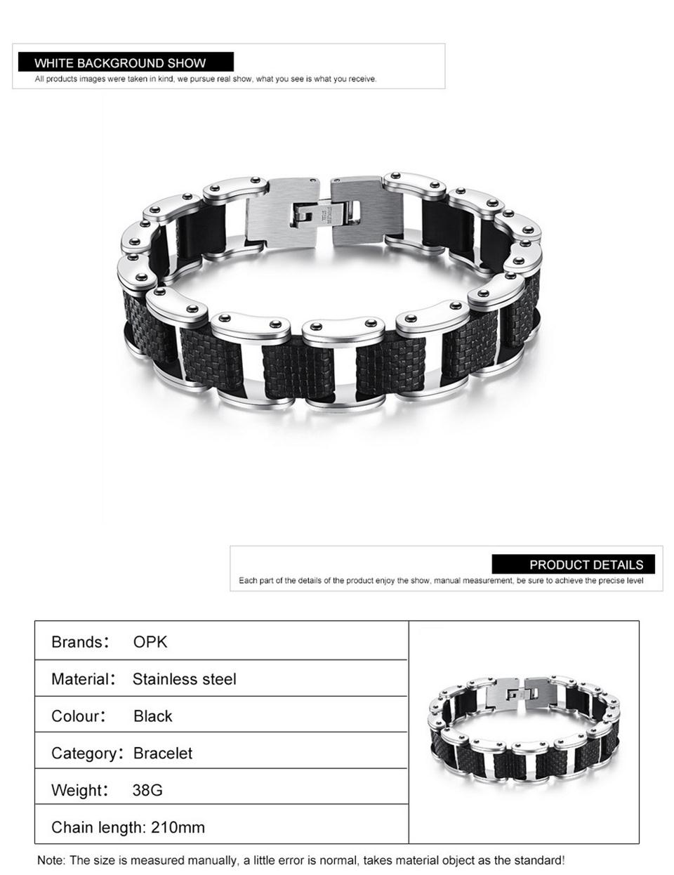 OPK Square Genuine Sillcone Mens Bracelet Stainless Steel Motorcycle Biker Chain Design Casual Style Double Safety Clasp