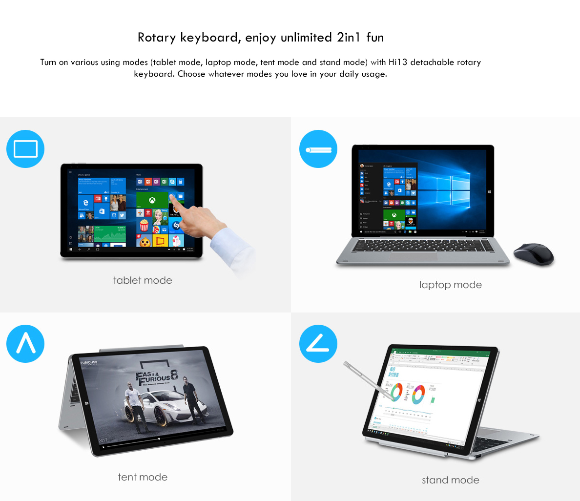 Chuwi Hi13 13.5 Inch 2 In 1 Tablet with 3K IPS Touch Display Intel Apollo Lake N3450 4GB/64GB 2MP Front Camera 5MP Rear Camera Dual Band WiFi Bluetooth Type C