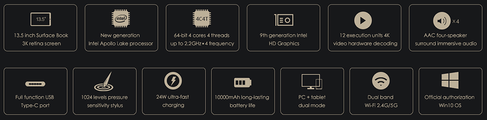 Chuwi Hi13 13.5 Inch 2 In 1 Tablet with 3K IPS Touch Display Intel Apollo Lake N3450 4GB/64GB 2MP Front Camera 5MP Rear Camera Dual Band WiFi Bluetooth Type C