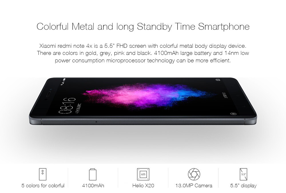 Xiaomi Redmi Note 4X 5.5 Inch FHD Screen 4G RAM 64GB ROM 13.0MP Cam Helio X20 MT6797 Deca Core MIUI 8 4G LTE Smartphone Touch ID 4100mAh Battery - Gold