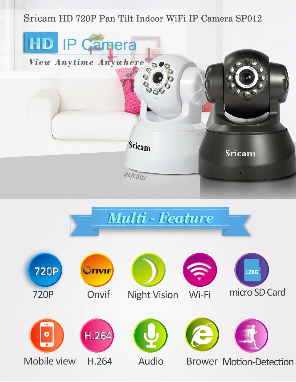 Sricam SP012 WiFi 720P IP Camera White