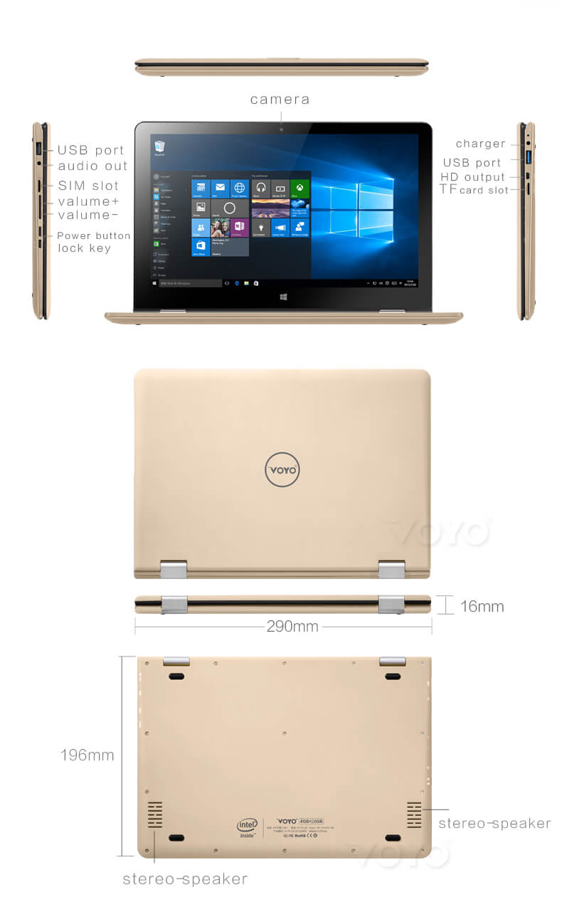 Voyo VBook V2 2in1 Tablet 11.6 Inch 4GB RAM 64GB ROM Windows 10 Intel Celeron N3450 Quad Core 2.2GHz 1080P Camera Wifi - Gold