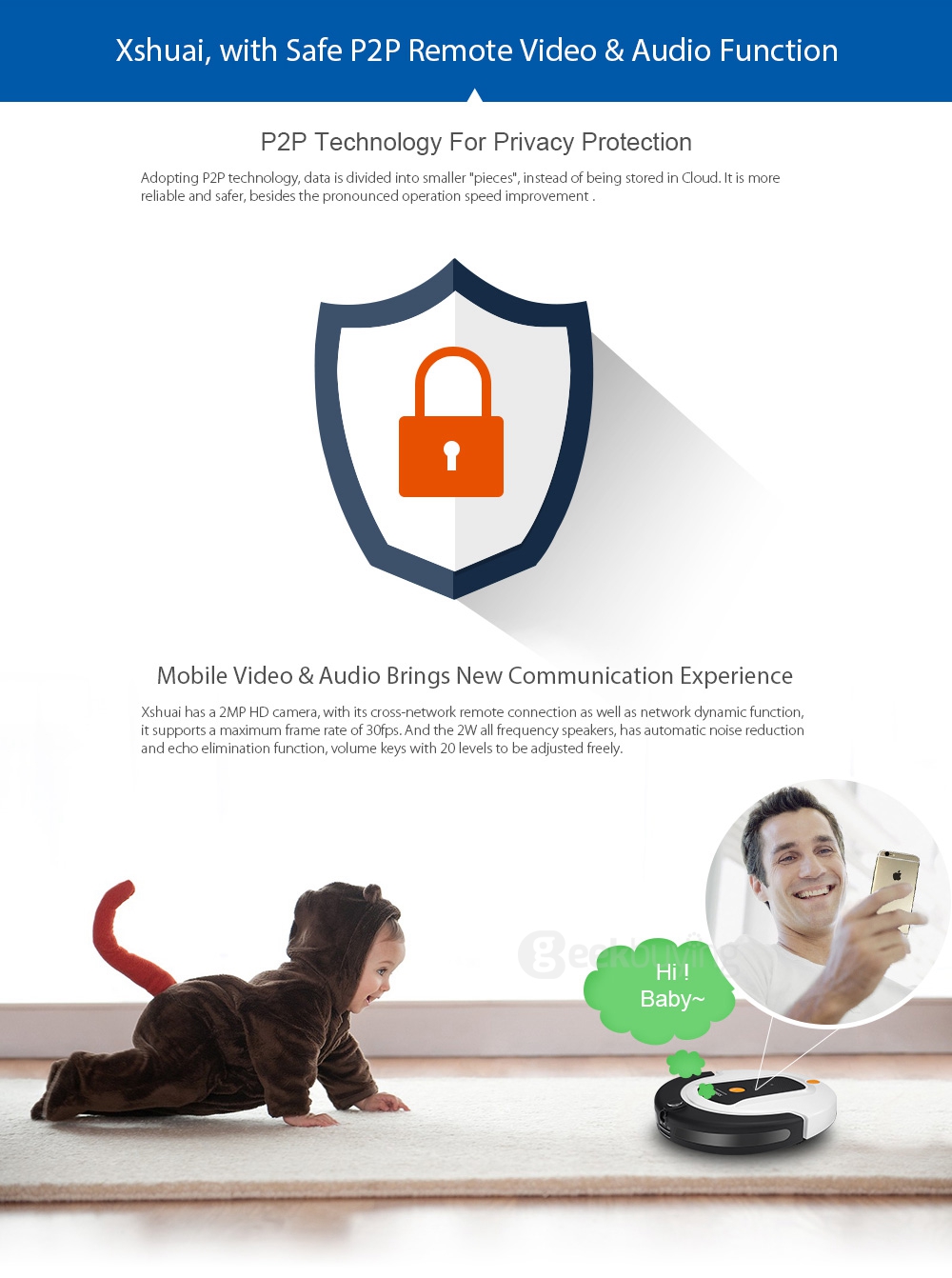 [HK Stock]Haier XShuai ShuaiXiaoBao Robot Vacuum Cleaner 3-cleaning Modes 4-step Cleaning System P2P Video App Control Night Vision HEPA Filter Multilanguage - Black + White