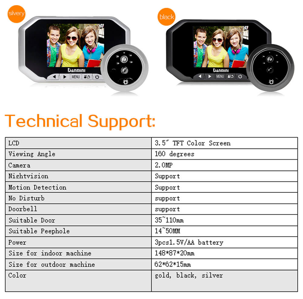 Danmini YB-35AHD-M Door Security Camera 3.5"Digital Peephole Door Viewer 2.0MP Security Camera -Gold
