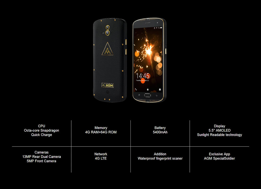 [HK Stock]AGM X1 5.5 Inch 4G LTE Smartphone IP68 Waterproof 4GB 64GB Snapdragon 617 Dual 13.0MP Rear Cam Touch ID NFC 5400mAh Quick Charge VoLte - Gold