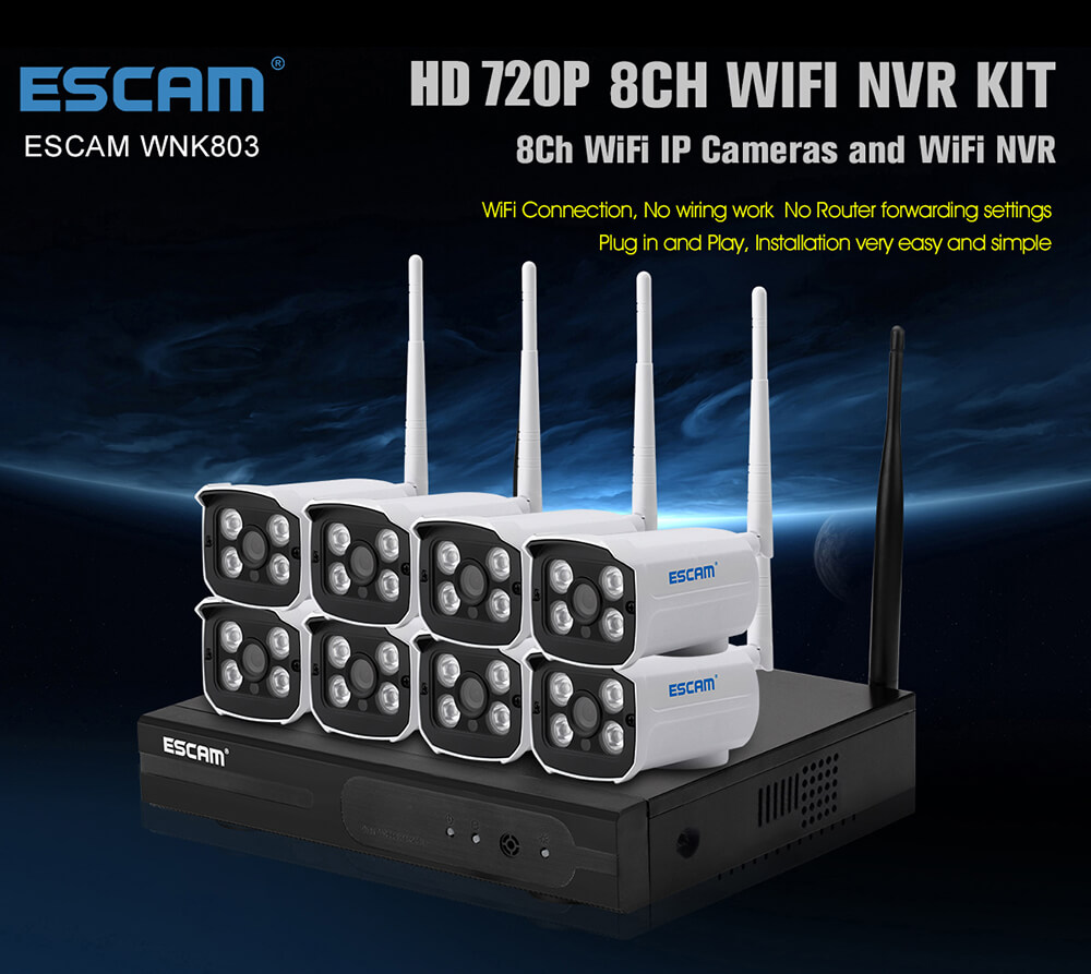 ESCAM WNK803 HD 720P 8CH WiFi NVR Kit WiFi Connetion Motion Detection Water-resistant IP Camera