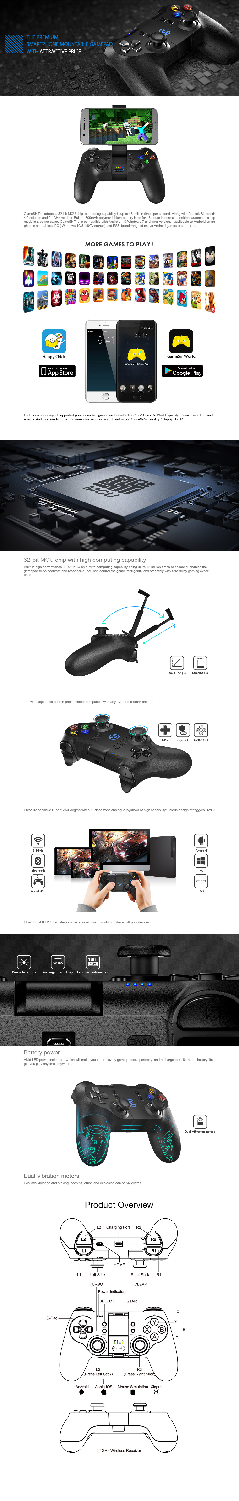 GameSir T1s Enhanced Edition 2.4GHz Wireless Bluetooth Gamepad Game Controller for Android/Windows/TV Box/PS3- Black