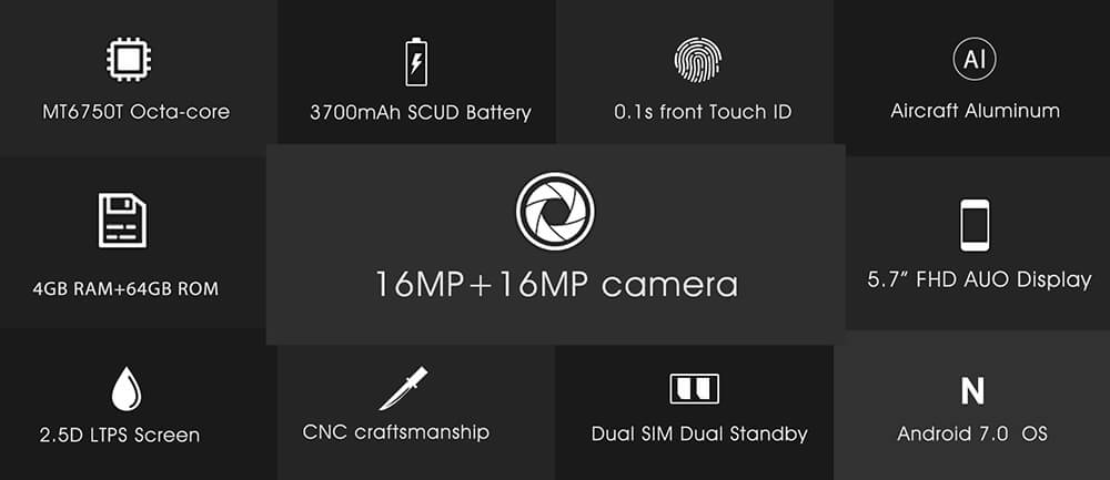 [HK Stock]Oukitel U11 Plus 5.7 Inch Smartphone FHD Screen 4GB RAM 64GB ROM MT6750T Octa Core 13.0MP Cam Android 7.0 Touch ID 3700mAh - White