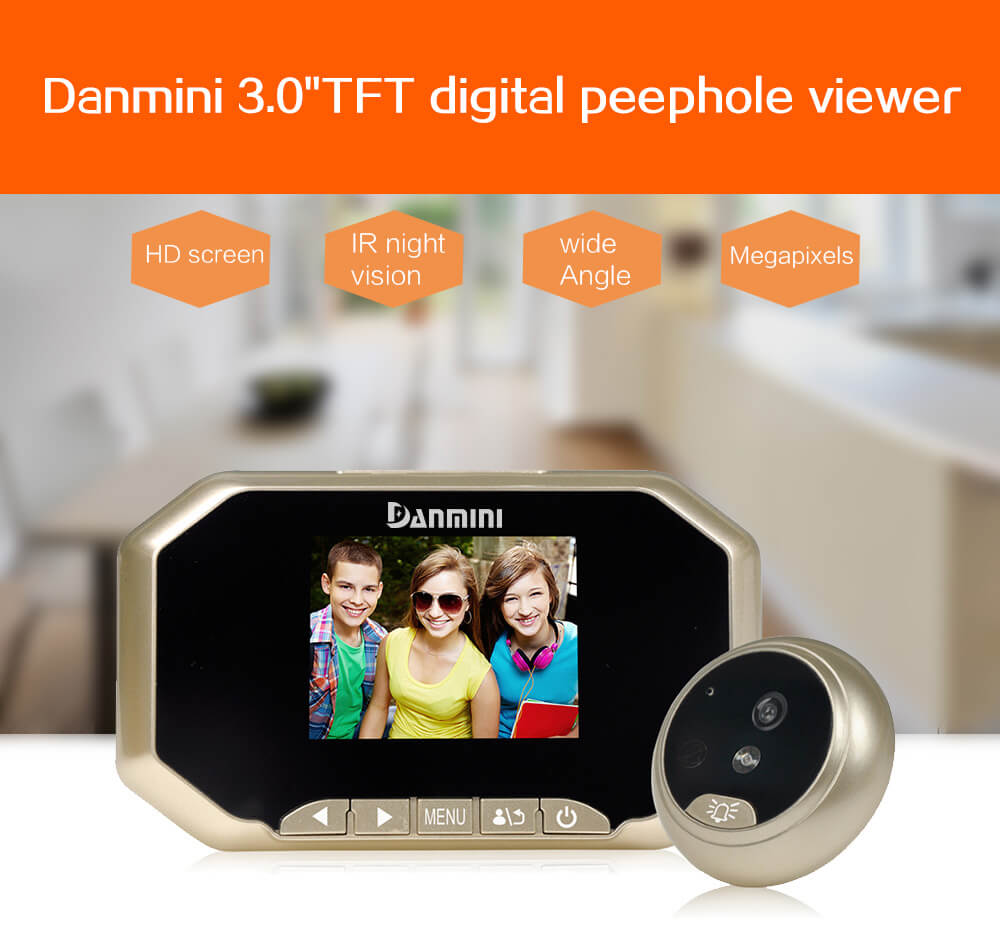 Danmini YB-30AHD Door Security Camera 3.0"Digital Peephole Door Viewer 160 Degrees Wide View Angle -Gold