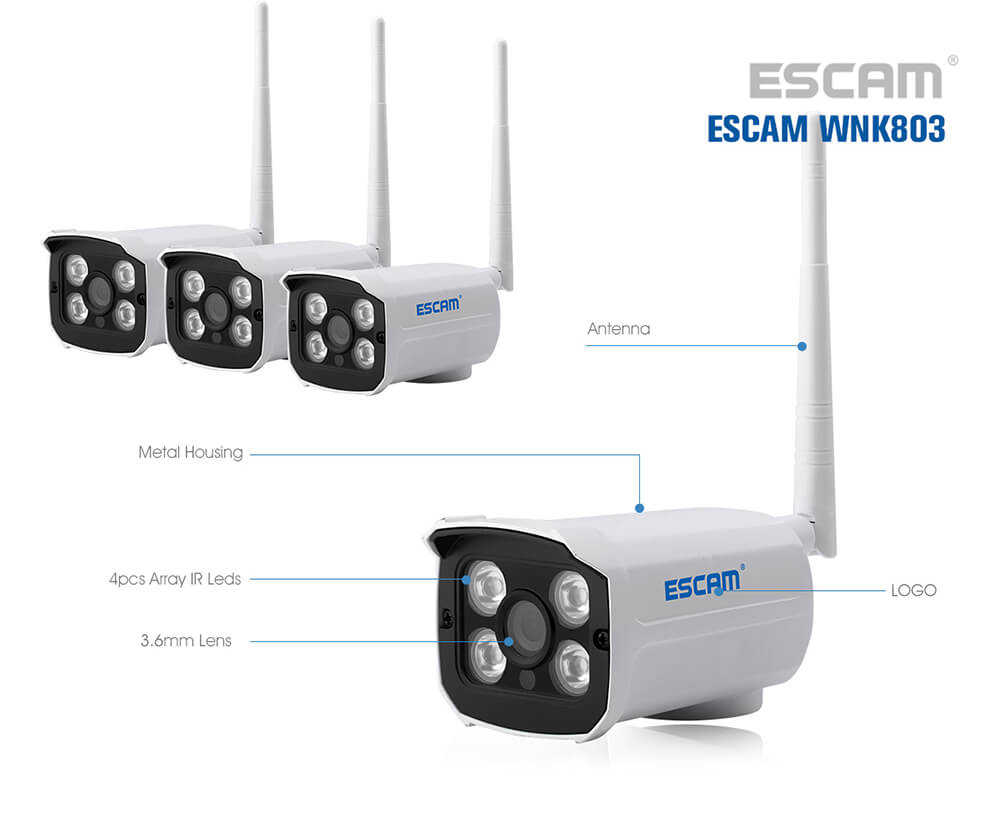 ESCAM WNK803 HD 720P 8CH WiFi NVR Kit WiFi Connetion Motion Detection Water-resistant IP Camera