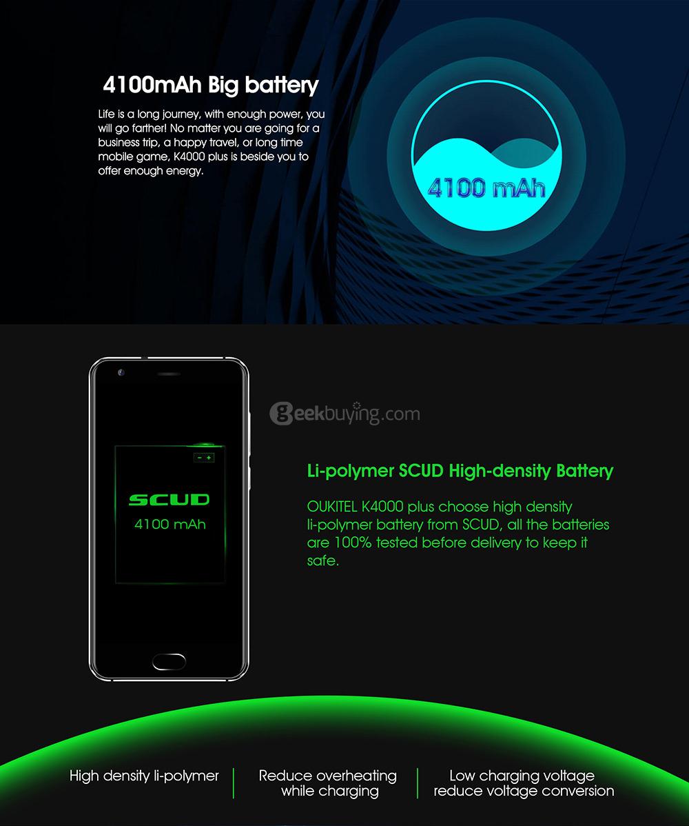 [HK Stock]Oukitel K4000 Plus 5.0Inch 4G LTE Smartphone HD Screen 2GB 16GB MT6737 Quad core 13.0MP Cam Android 6.0 4100mAh Touch ID- Black