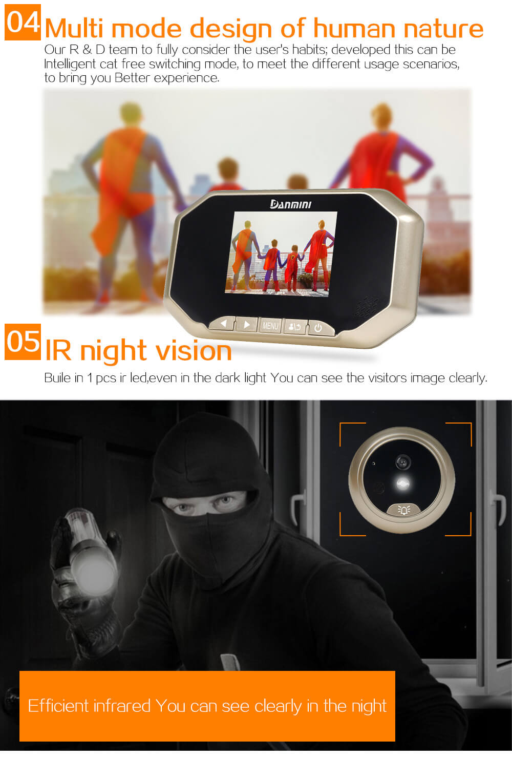 Danmini YB-30AHD Door Security Camera 3.0"Digital Peephole Door Viewer 160 Degrees Wide View Angle -Gold