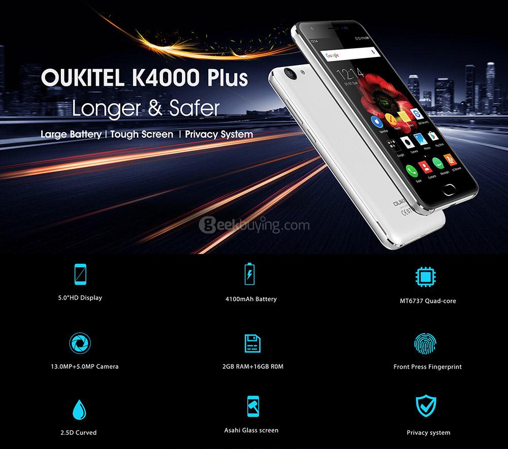 [HK Stock]Oukitel K4000 Plus 5.0Inch 4G LTE Smartphone HD Screen 2GB 16GB MT6737 Quad core 13.0MP Cam Android 6.0 4100mAh Touch ID- Black
