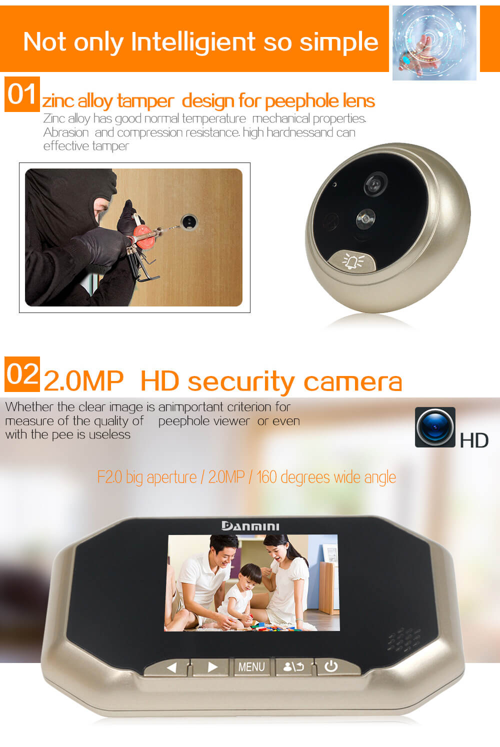 Danmini YB-30AHD Door Security Camera 3.0"Digital Peephole Door Viewer 160 Degrees Wide View Angle -Gold
