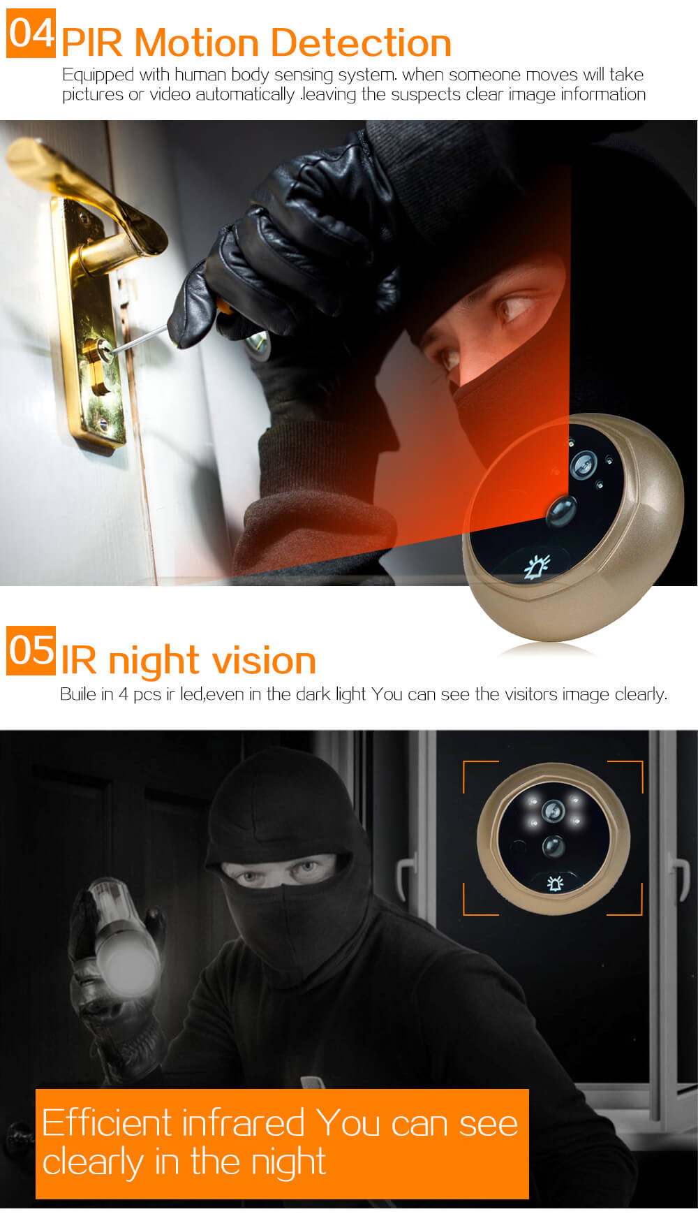 Danmini YB-35AHD-M Door Security Camera 3.5"Digital Peephole Door Viewer 2.0MP Security Camera -Gold