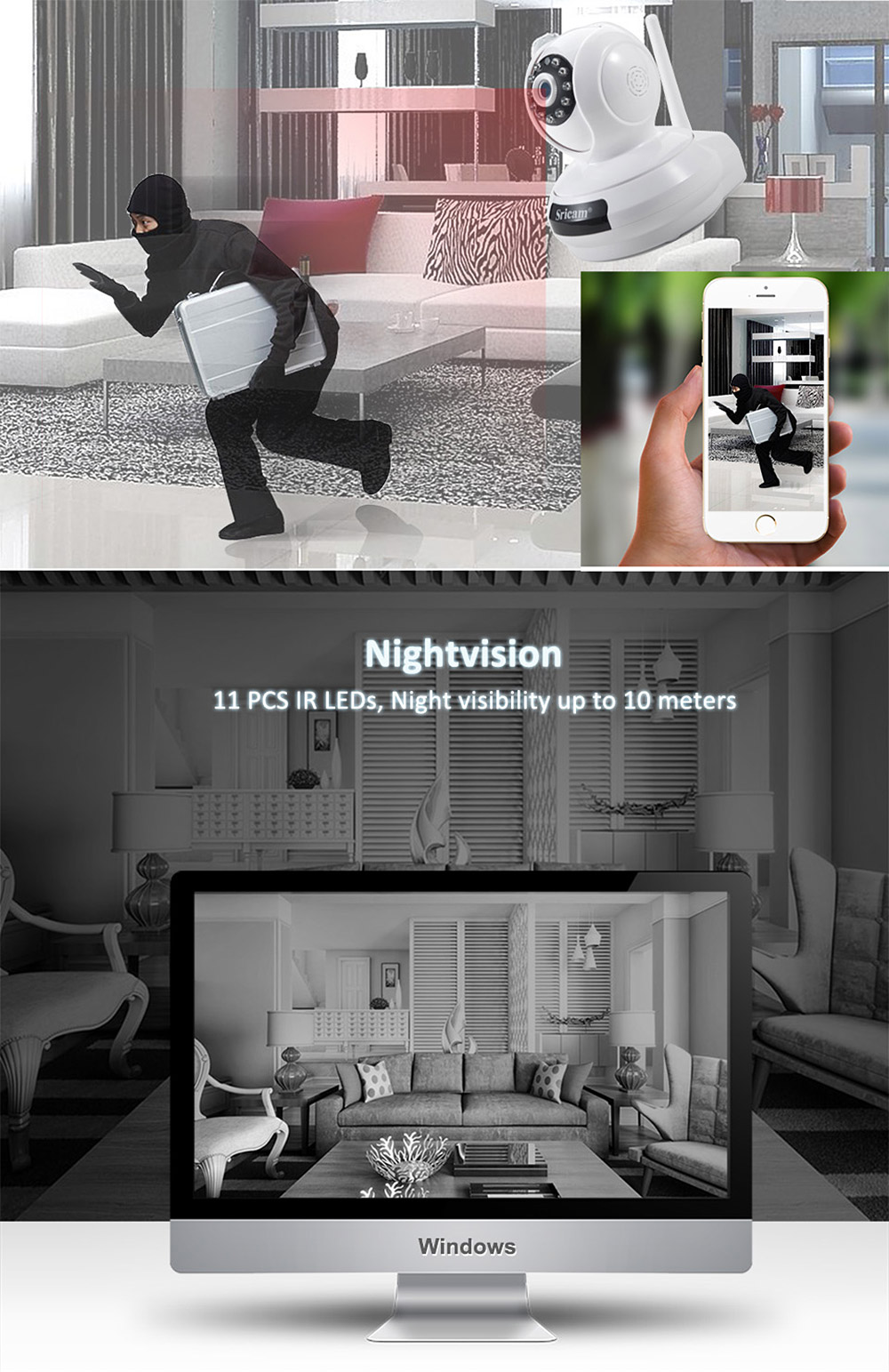 Sricam SP019 WiFi 1080P IP Camera Built-in IR-cut Onvif 128GB Micro SD Card Night Vision Indoor 11pcs IR Illumination LEDs P2P PT CMOS Sensor -Black