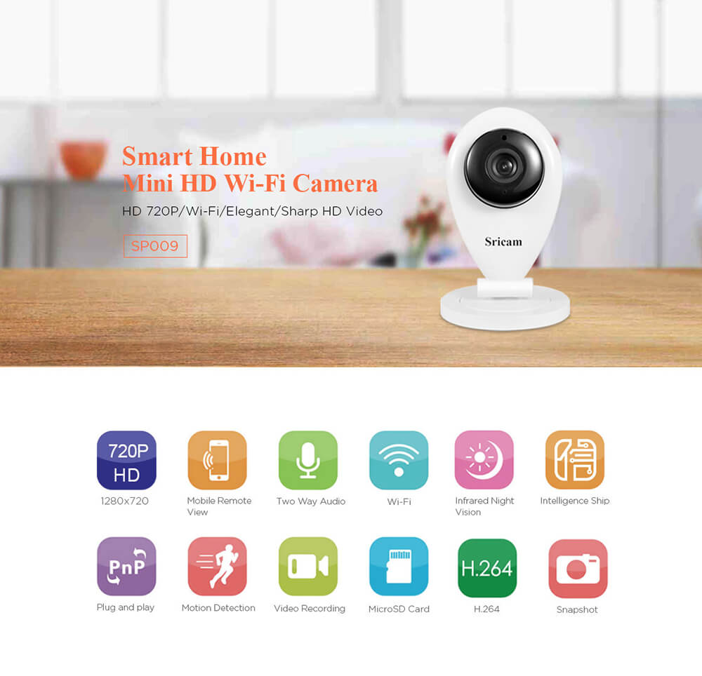 Sricam SP009A Wifi 720P IP Camera With Onvif 128GB microSD Card Built-in Mic&Speaker