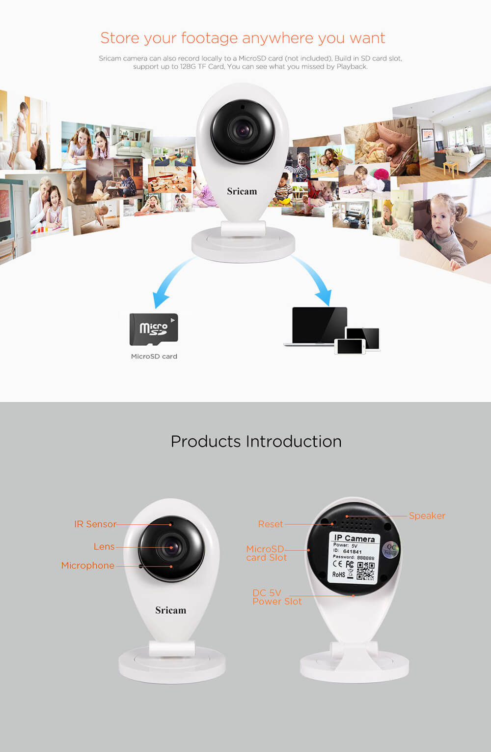 Sricam SP009A Wifi 720P IP Camera With Onvif 128GB microSD Card Built-in Mic&Speaker