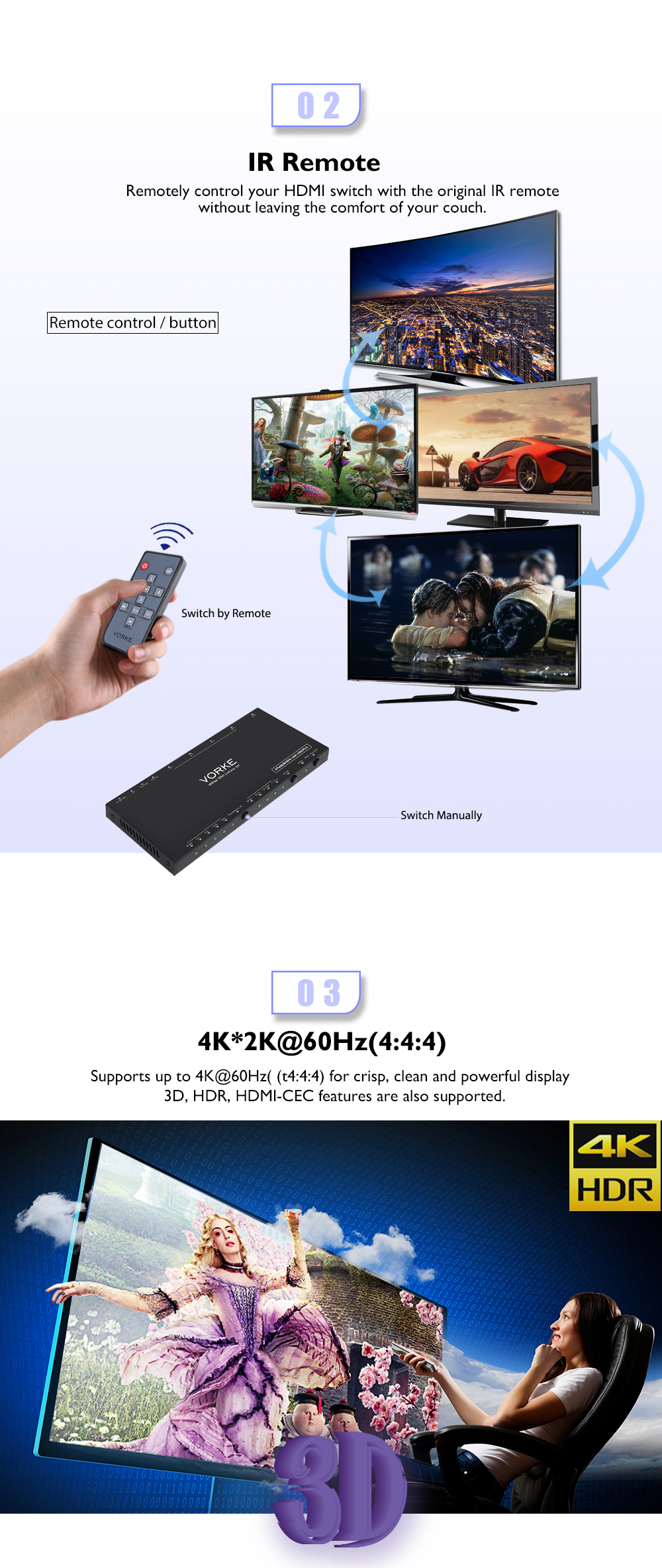 HK Stock VORKE HD41 Pro 4k@60Hz(4:4:4) 10 Bit 4x1 HDMI Switcher with IR Remote HDCP2.2 ARC 18Gbps HDR Optical Out HDMI2.0b Auto Switch for Xbox One 360 PS3 PS4 PS4 Pro HDTV Blu-ray Player DVD Player etc