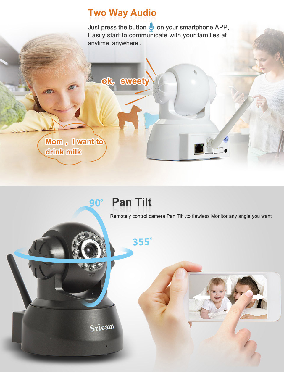 Sricam SP012 WiFi 720P IP Camera Built-in IR-cut Onvif 128GB Micro SD Card Night Vision Indoor 11pcs IR Illumination LEDs P2P PT CMOS Sensor -Black