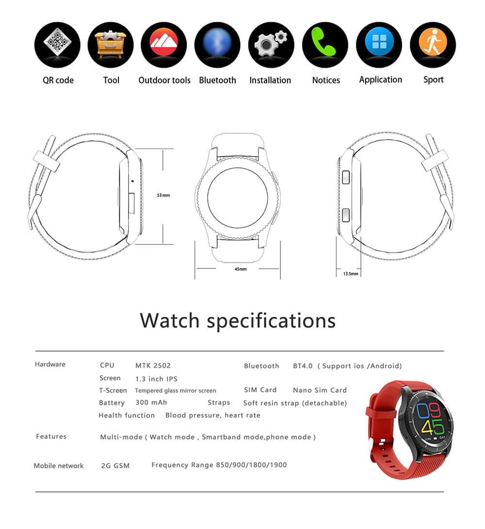No.1 G8 Smart Watch Phone MTK2502 Bluetooth 4.0 SIM Card Call Message Reminder Heart Rate Monitor Compatible with Android IOS - White