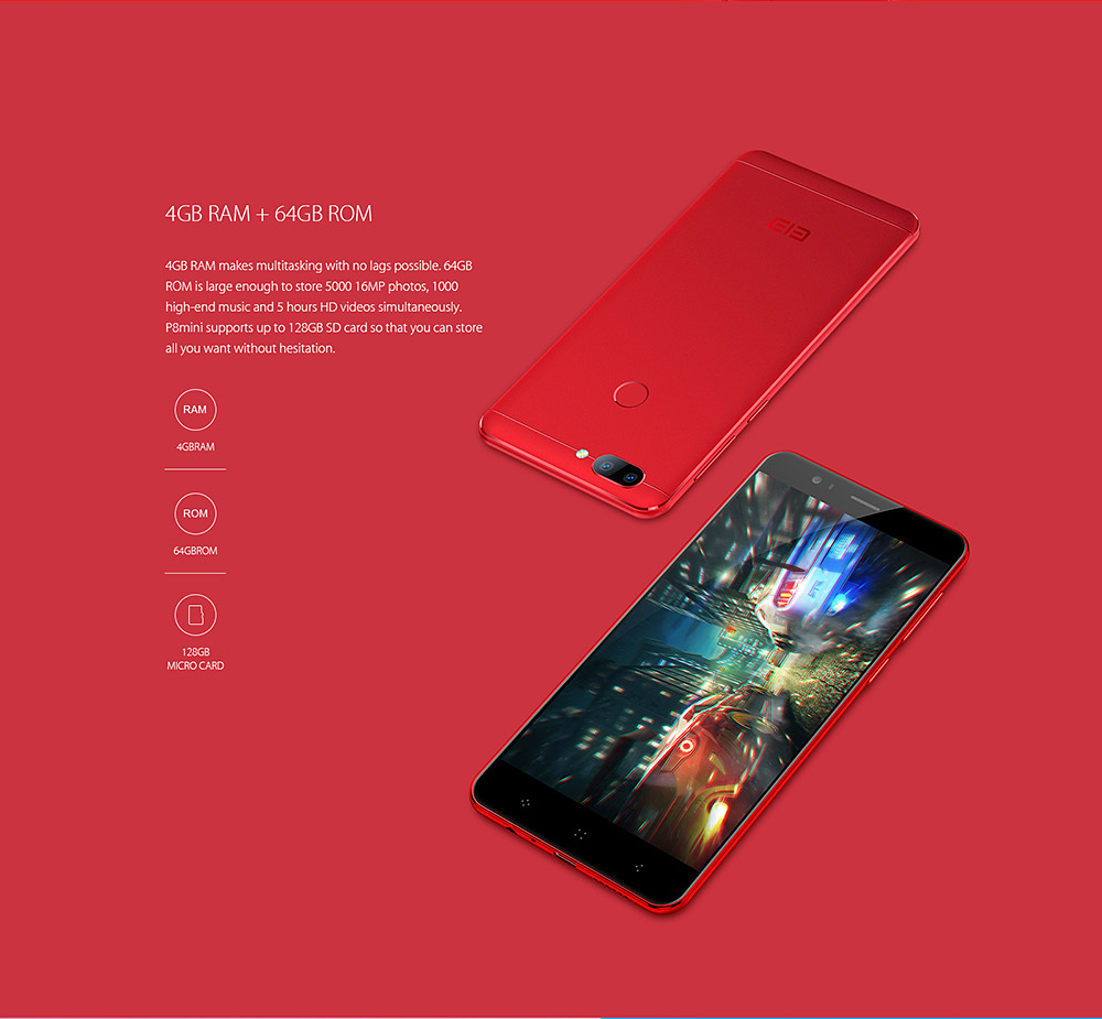 [HK Stock]elePhone P8 Mini 5 Inch Smartphone 2.5D Sharp FHD Screen 4GB 64GB MT6750T Octa Core 13.0MP Android 7.0 Touch ID Metal Body Dual Rear Camera - Red