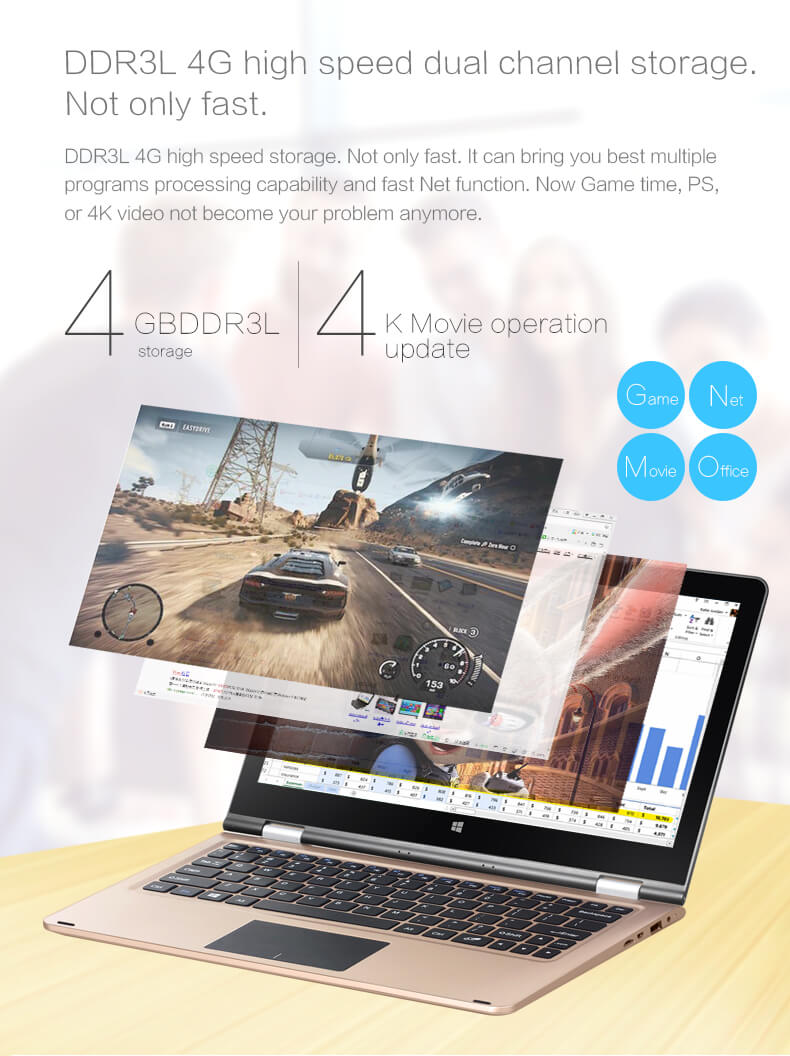 Voyo VBook V2 2in1 Tablet 11.6 Inch 4GB RAM 64GB ROM Windows 10 Intel Celeron N3450 Quad Core 2.2GHz 1080P Camera Wifi - Gold