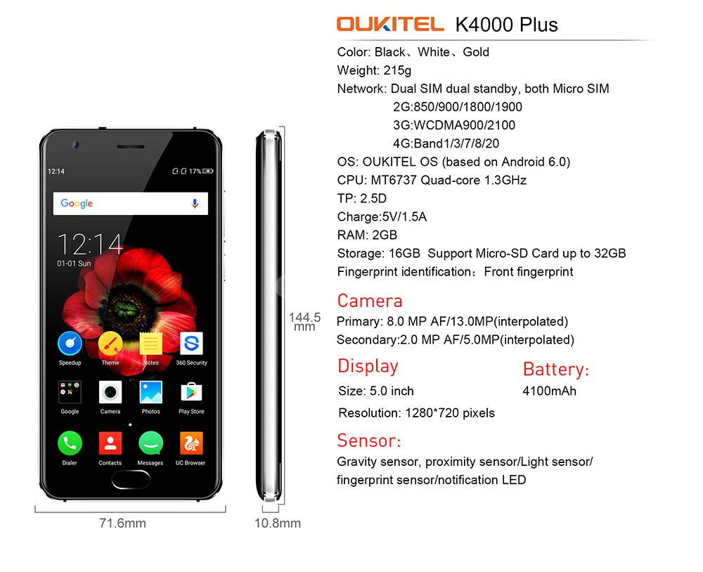 [HK Stock]Oukitel K4000 Plus 5.0Inch 4G LTE Smartphone HD Screen 2GB 16GB MT6737 Quad core 13.0MP Cam Android 6.0 4100mAh Touch ID- Black