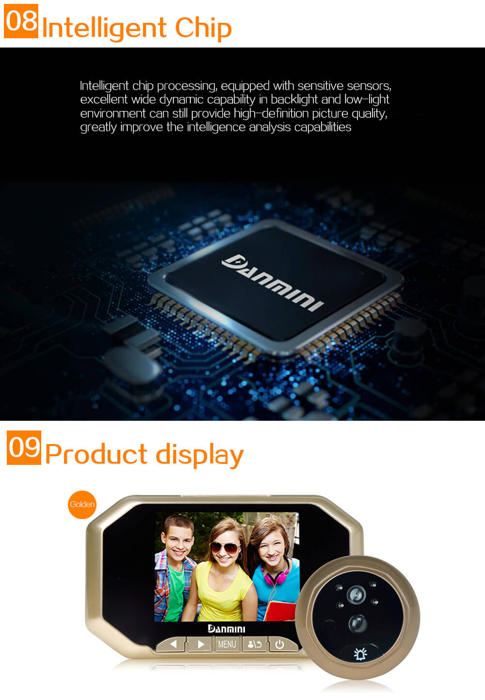 Danmini YB-35AHD-M Door Security Camera 3.5"Digital Peephole Door Viewer 2.0MP Security Camera -Gold