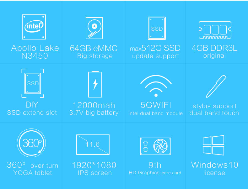Voyo VBook V2 2in1 Tablet 11.6 Inch 4GB RAM 64GB ROM Windows 10 Intel Celeron N3450 Quad Core 2.2GHz 1080P Camera Wifi - Gold