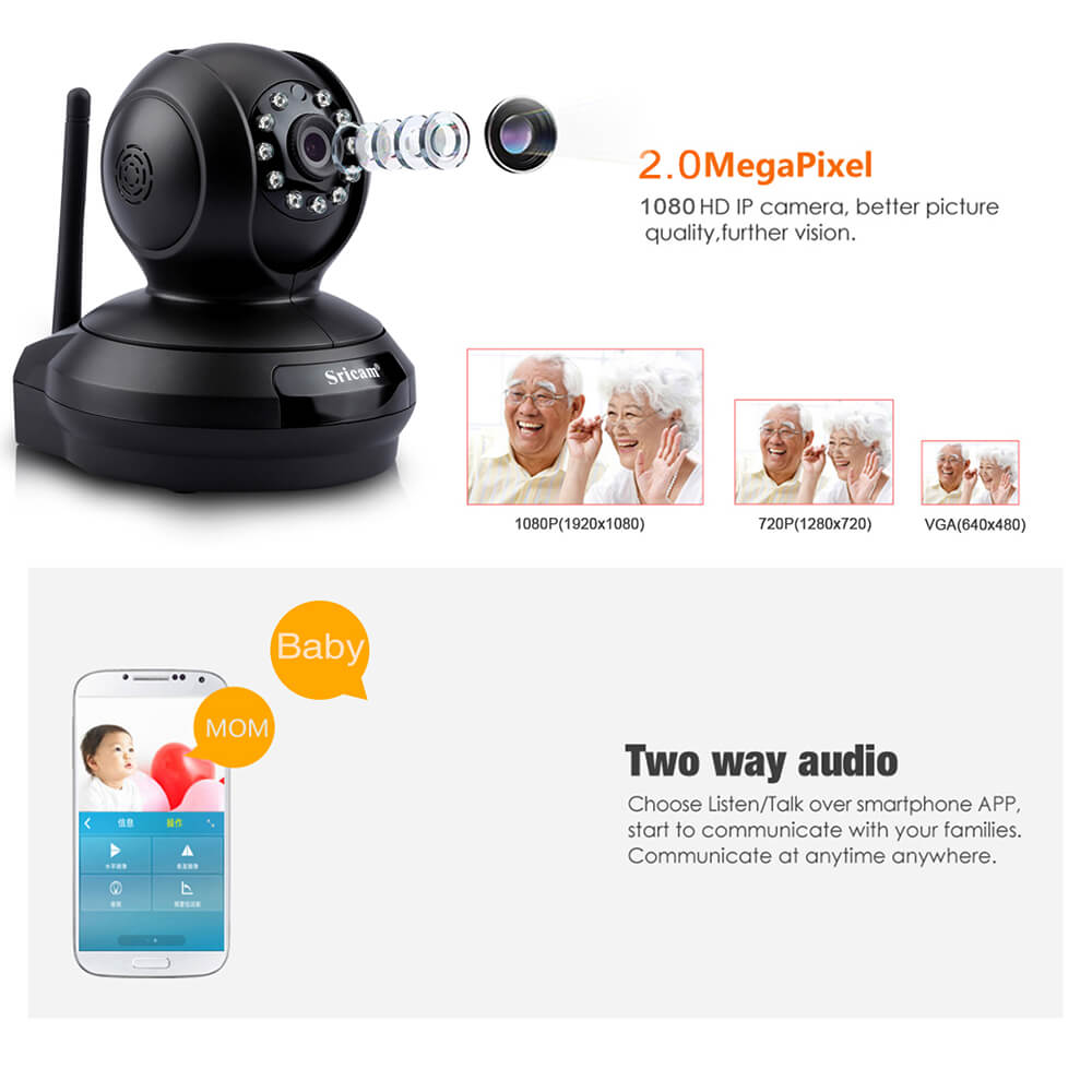 Sricam SP019 WiFi 1080P IP Camera Built-in IR-cut Onvif 128GB Micro SD Card Night Vision Indoor 11pcs IR Illumination LEDs P2P PT CMOS Sensor -Black