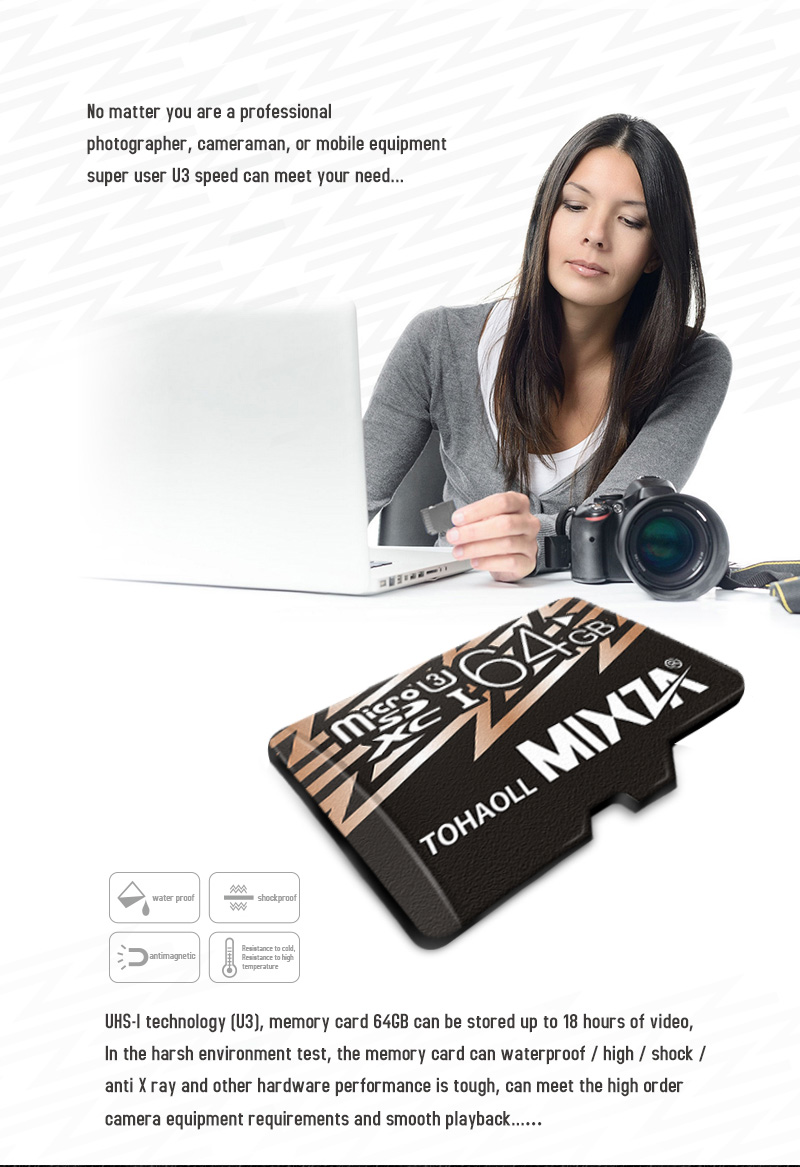 MIXZA TOHAOLL U3 64GB SDXC Micro SD Memory Card High Speed TF Card - Black