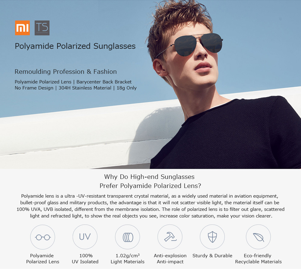 XIAOMI MI TS Sunglasses 100% UVA UVB Isolate Nylon Polarized Center of Gravity Rear Frame -Gold