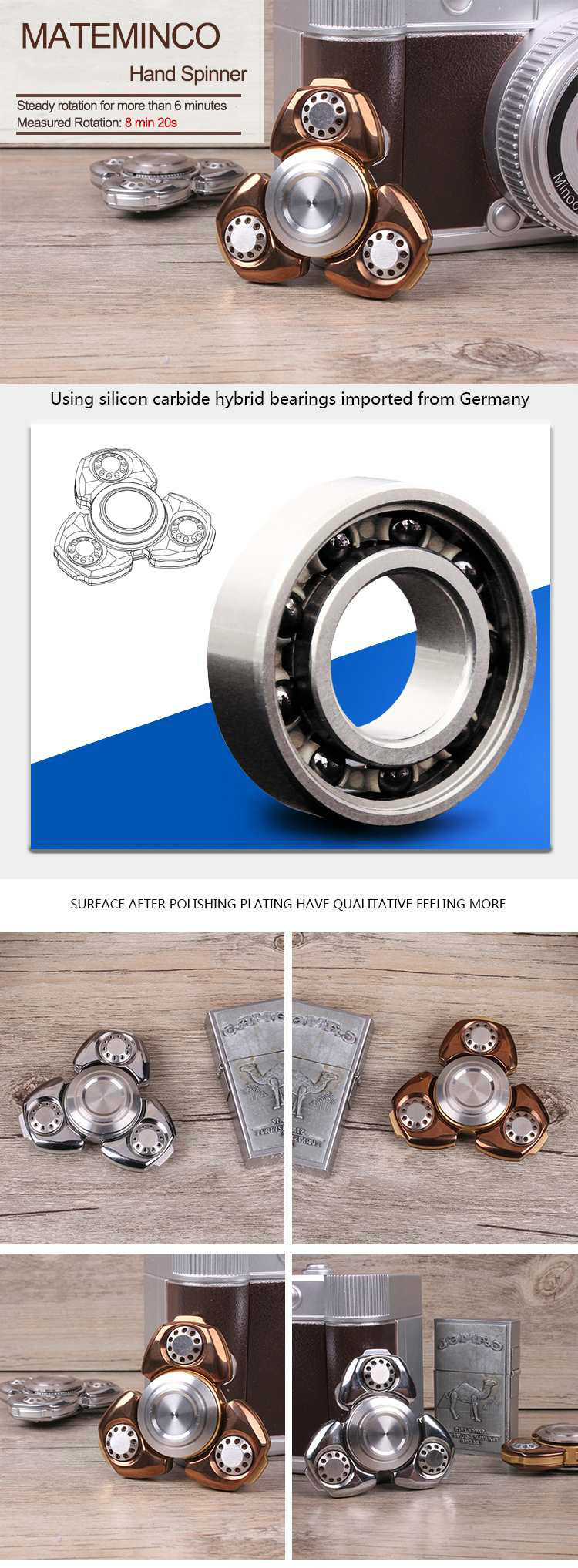 MATEMINCO EDC Hand Spinner CNC Process Germany Silicon Carbide Hybrid Bearings - Champaign Gold